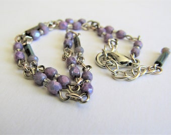 Delicate Multi Beaded Purple and Silver Anklet, Tiny Beaded Ankle Bracelet, Single Strand Lavender Anklet