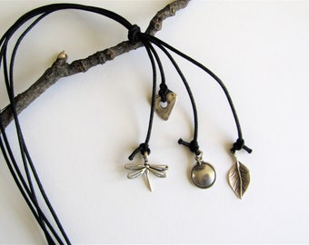 Long Black Cord Necklace with Four Various Antique Silver Pendants, Minimalist, Simplicity, Dragonfly Pendant