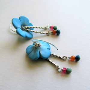 Blue Flower Earrings with Tiny Glass Beads, Handmade Polymer Clay Flowers, Resort Earrings, Flower and Stick Earrings