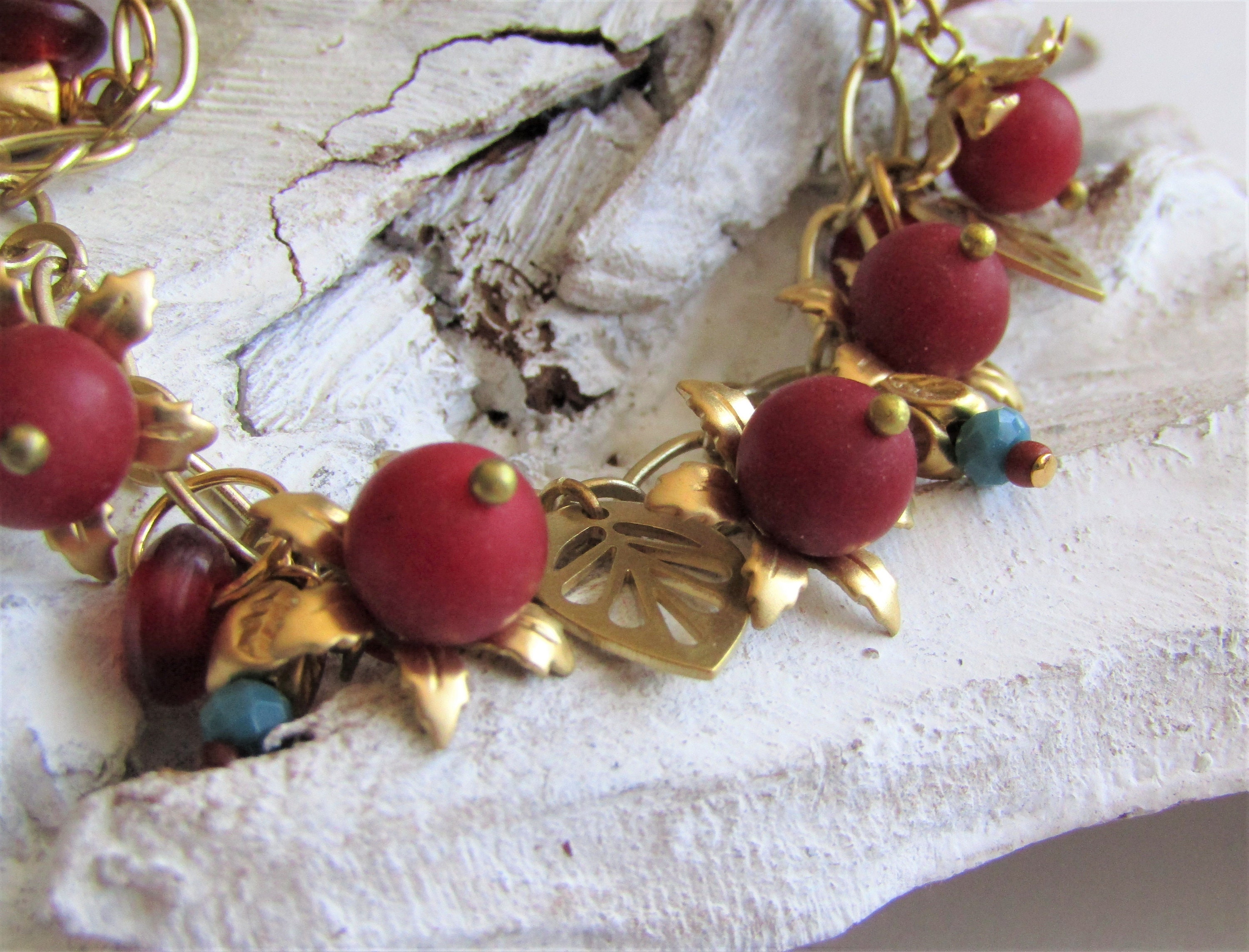 Bracelet Vintage Gold Flowers Brass Leaves and Red Jade Bead | Etsy