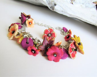 Handgemachte Polymer Clay Blumen Armband, Antik Silber Kette baumeln
