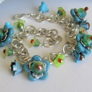 Turquoise Glass and Vintage Blue Beaded Flower Bracelet, Silver Chain and Dangle Beaded Bracelet