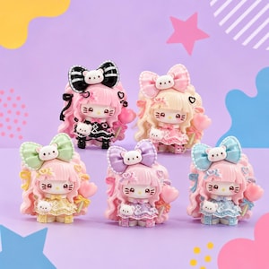 Ciondoli a forma di gatto con palloncino e caramella in resina da 32 mm, stile Kawaii, con retro piatto, per custodie per cellulari Decoden e progetti fai da te.
