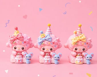 Puede incluir: Tres figuras de ovejas rosas con sombreros de fiesta y lazos, cada una sosteniendo un pequeño pastel y acompañada de una figura de ratón azul. El fondo es rosa liso con confeti.