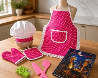 May include: A pink and white polka dot apron with a front pocket and ruffled edges, a white chef hat with a pink polka dot band, a matching oven mitt and pot holder, two pink plastic kitchen utensils, and a book titled Die Mitternachtsküche.