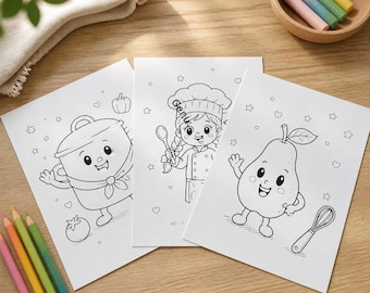 May include: Three white rectangular colouring pages featuring black line art illustrations of a smiling pot with a tomato, a chef holding a spoon, and a pear with a whisk. The pages are decorated with small stars and hearts, accompanied by coloured pencils.