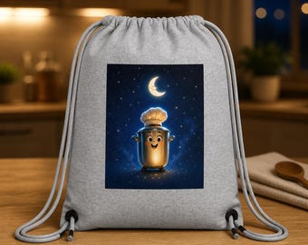 May include: A light grey drawstring backpack featuring a central graphic print of a smiling metal cooking pot wearing a white chef hat, set against a dark blue starry night sky with a crescent moon shining above the pot.