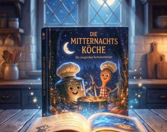 May include: A hardback book titled Die Mitternachts Küche featuring an illustration of a smiling pot and a wooden spoon wearing chef hats. The book is open on a wooden table, emitting blue sparkles, with a night sky and moon visible on the cover.