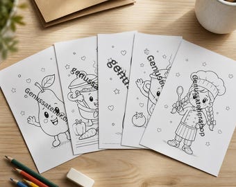 May include: Five rectangular white paper sheets featuring black line art illustrations for colouring. The designs include a smiling pear, a cooking pot with vegetables, a kitchen utensil, and a chef character. Each sheet displays the text Genussatelier.