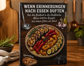 May include: A hardback cookbook titled WENN ERINNERUNGEN NACH ESSEN DUFTEN with a dark wood background. The cover features an illustration of a plate of grilled vegetables, a ladle, garlic, a small loaf of bread, and a black pot.