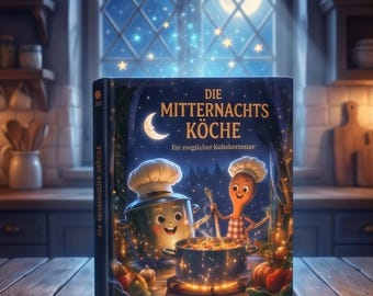 May include: A hardback book titled DIE MITTERNACHTS KÖCHE with a dark blue cover featuring a cartoon cooking pot and a wooden spoon character wearing chef hats. The illustration shows them cooking on a stove with glowing stars above.
