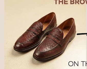 Braune Straußenleder Loafer für Herren, Luxus Penny Slip-On Schuhe,