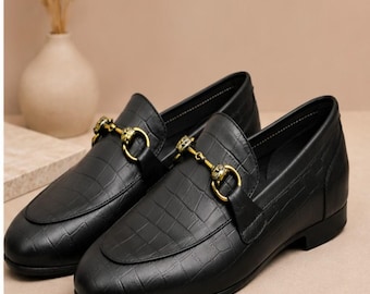 Handmade Black Croc Leather Loafers | Men's Slip On Formal Wedding Dress Shoes