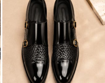 Sapatos masculinos de couro envernizado preto, feitos à mão, com fivela dupla | Sapatos sociais para casamento