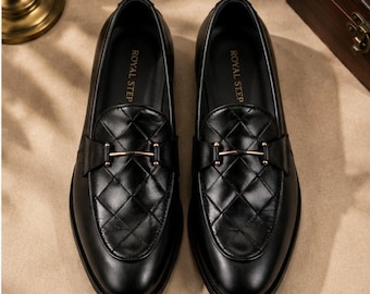 Handmade Black Leather Penny Loafers | Men's Luxury Dress Shoes | Woven Slip On Formal Shoes