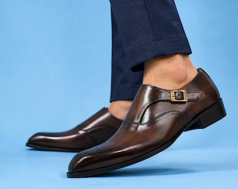 Handmade brown monk strap oxford leather, luxury slip on loafer! sleek leather shoes,