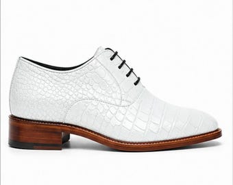 Sapatos Oxford de Crocodilo Branco, Sapatos Sociais Masculinos de Couro, Calçados Formais com Cadarço, Sapatos Elegantes para Casamento e Escritório
