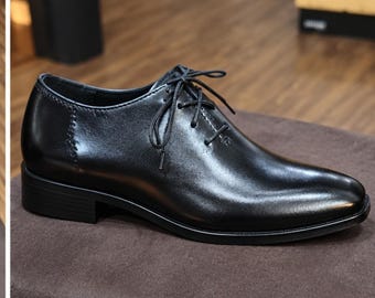 Chaussures Derby en cuir noir fabriquées à la main, bout pointu, chaussures habillées pour hommes