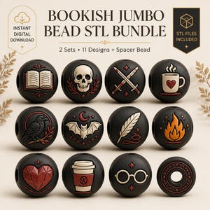 May include: A collection of twelve black spherical beads featuring embossed designs including an open book, skull, crossed swords, coffee mug, raven, bat, feather, flame, heart, coffee cup, glasses, and a circular spacer bead with text.