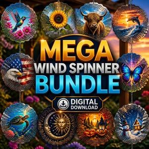 May include: A digital download bundle of ten circular wind spinners featuring various designs including a hummingbird, sunflower, highland cow, dolphin, eagle with American flag, butterfly, sea turtle, sun and moon, pumpkins, and a snowman.