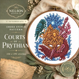 May include: A cross stitch pattern titled Courts of Prythian featuring a central ornate gold mask, a dark green bird, a blue floral element, a pink sword, and a red dragon. The design measures 156 by 195 stitches and includes text.
