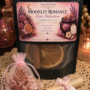 May include: A black pouch labeled Enchanted Journey Moonlit Romance Love Intention Simmer Pot Kit with a net weight of 2 oz, containing dried orange slices and cinnamon sticks, accompanied by a pink organza bag of crystals and a rolled paper scroll.