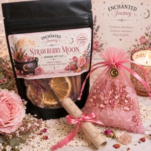 May include: A black pouch labeled Enchanted Journey Strawberry Moon Simmer Pot Kit with a net weight of 2 ounces, a pink organza bag filled with pink crystals and a moon charm, and a rolled paper scroll tied with a pink ribbon.