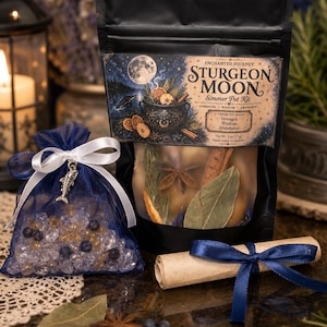 Könnte beinhalten: Ein Sturgeon Moon Simmer Pot Kit in einem schwarzen Beutel mit einem Etikett, das einen Vollmond und einen Kessel zeigt, ein blauer Organzabeutel mit klaren und dunklen Steinen und einem Fisch-Anhänger sowie eine blaue Schriftrolle.