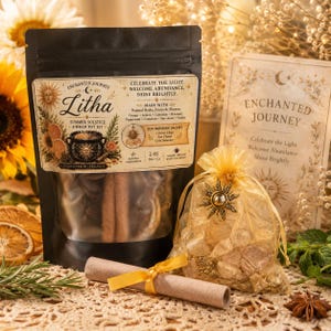 May include: A black pouch labeled Litha Summer Solstice Simmer Pot Kit containing herbs and spices, a gold organza bag filled with citrine chips and a sun charm, and a rolled parchment scroll, all featuring text and sun-themed illustrations.