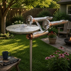 Op de afbeelding: Een metalen sculptuur van het ruimteschip Enterprise uit Star Trek, met een zilveren schijf en cilindrische componenten. De sculptuur heeft de tekst "NCC-1701" op de schijf en zijkant. Het staat in een tuin met een boek en een kopje.