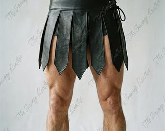 Falda escocesa y brazaletes de gladiador de cuero genuino hechos a mano – Traje de festival de guerrero para cosplay