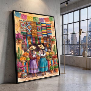 May include: A framed wall art print depicting a vibrant outdoor market scene with two individuals wearing straw hats and traditional clothing standing before stalls filled with colourful textiles, baskets of fresh produce, and potted flowers.