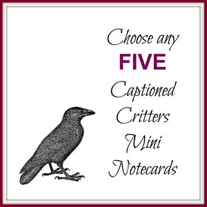 Mini-cartes de correspondance créatures légendées . Choisissez CINQ cartes . Assortiment cadeau Petits billets pliés Papeterie Animaux originaux Dessins vintage