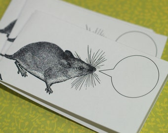 Mini Notecards . MUMBLING MOUSE . Set of 5 Handmade Stationery Captioned Critters Long Tailed Rodent Pet Cute Gift Cards Folded Notes