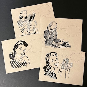Hello LADIES . Set of 12 Kraft Postcards 4.25 x 5.5 Retro Women Modern Mid Century Housewives Office Workers Cards Funny Quirky Mail
