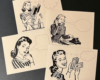 Hello LADIES . Set of 12 Kraft Postcards 4.25 x 5.5 Retro Women Modern Mid Century Housewives Office Workers Cards Funny Quirky Mail