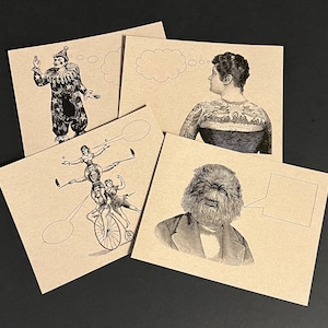 CIRQUE Folk . Lot de 12 cartes postales kraft 4,25 x 5,5 Freak Show Femme tatouée Wolfman Acrobates Clown Cartes Salutations Drôle de courrier étrange