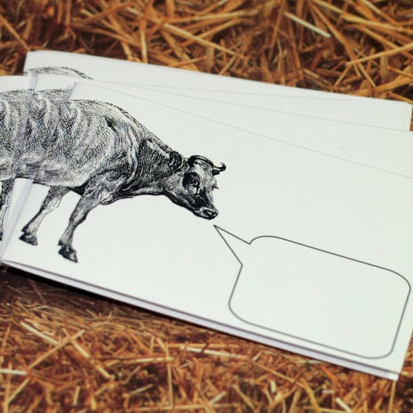 CONVERSANT COW . Set of 5 Mini Notecards Captioned Critters . Handmade Envelopes . Farm Animal . Moo Cow . Bovine . Cute . Gift Cards