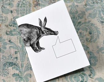 ALLITERATIVE AARDVARK . Greeting Card Folded Notecard Quirky Animals Captioned Critters Stationery Long Nosed Wild Animals Fun Cute Message