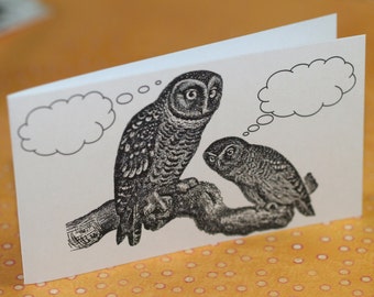 OMNISCIENT OWLS . Mini Notecards . Handmade Envelopes . Captioned Critters . Gift Cards . Folded Notes . Thank You Notes . Quirky . Fun