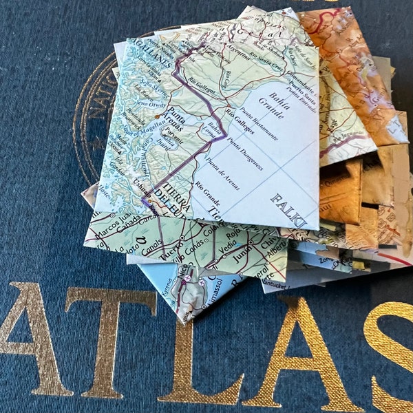 Mini MAP ENVELOPES - tiny square (2.25") envelopes handmade assortment vintage atlas vacation travel lover