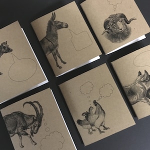 May include: Six brown cards with black and white illustrations of animals with thought bubbles. The animals include a cow, a donkey, a sheep, a pig, a goat, and two chickens.