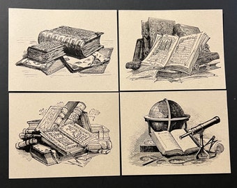 BOOK LOVER . Set of 12 Kraft Postcards 4.25 x 5.5 Bookworm Bibliophile Vintage Illustrations Quirky Cool Fun Greetings Librarians Teachers
