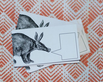 ALLITERATIVE AARDVARK . Set of 5 Mini Notecards with Envelopes Captioned Critters Quirky Cute Fun Wild Animals Gift Cards Folded Notes