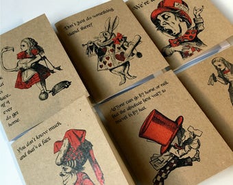 Alice in Wonderland JOURNALS . Set of 6 Mini Notebooks Blank Books To Do Lists Kraft Mad Hatter White Rabbit Christmas Stocking Stuffer