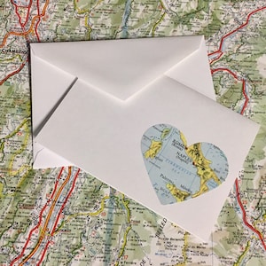 MAP LOVE NOTES . Set of 12 Small (3.5”x5”) Heart Cards / Envelopes Vintage Map Folded Blank Notecard Travel Lovers Stationery for Mailing