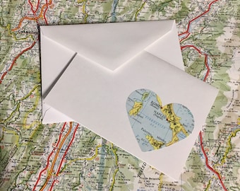 MAP LOVE NOTES . Set of 12 Small (3.5”x5”) Heart Cards / Envelopes Vintage Map Folded Blank Notecard Travel Lovers Stationery for Mailing