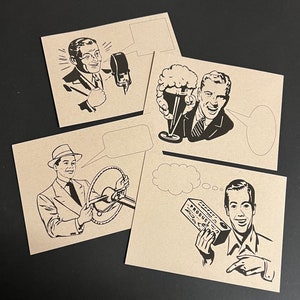 Salutations MESSIEURS. Lot de 12 cartes postales kraft 4,25 x 5,5 hommes rétro modernes du milieu du siècle pub hommes buveurs de bière radio mec conducteur courrier drôle