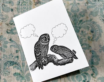 OMNISCIENT OWLS . Blank Greeting Card Folded Notecard Quirky Fun Animal Captioned Critters Stationery Wise Birds of Prey Hoot Thought Bubble