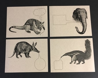 NOSEY CRITTERS . Set of 12 Postcards Kraft Cards 4.25 x 5.5 Post Cards Stationery Quirky Animal Elephant Aardvark Anteater Tamandua Big Nose